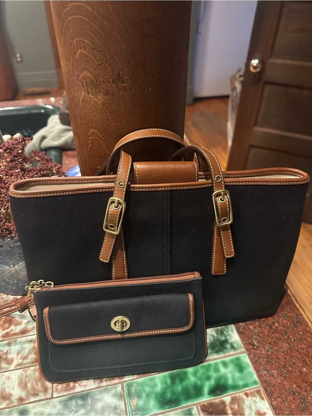 Coach Black Canvas Tote with Brown Leather Trim and Matching Wristlet Wallet